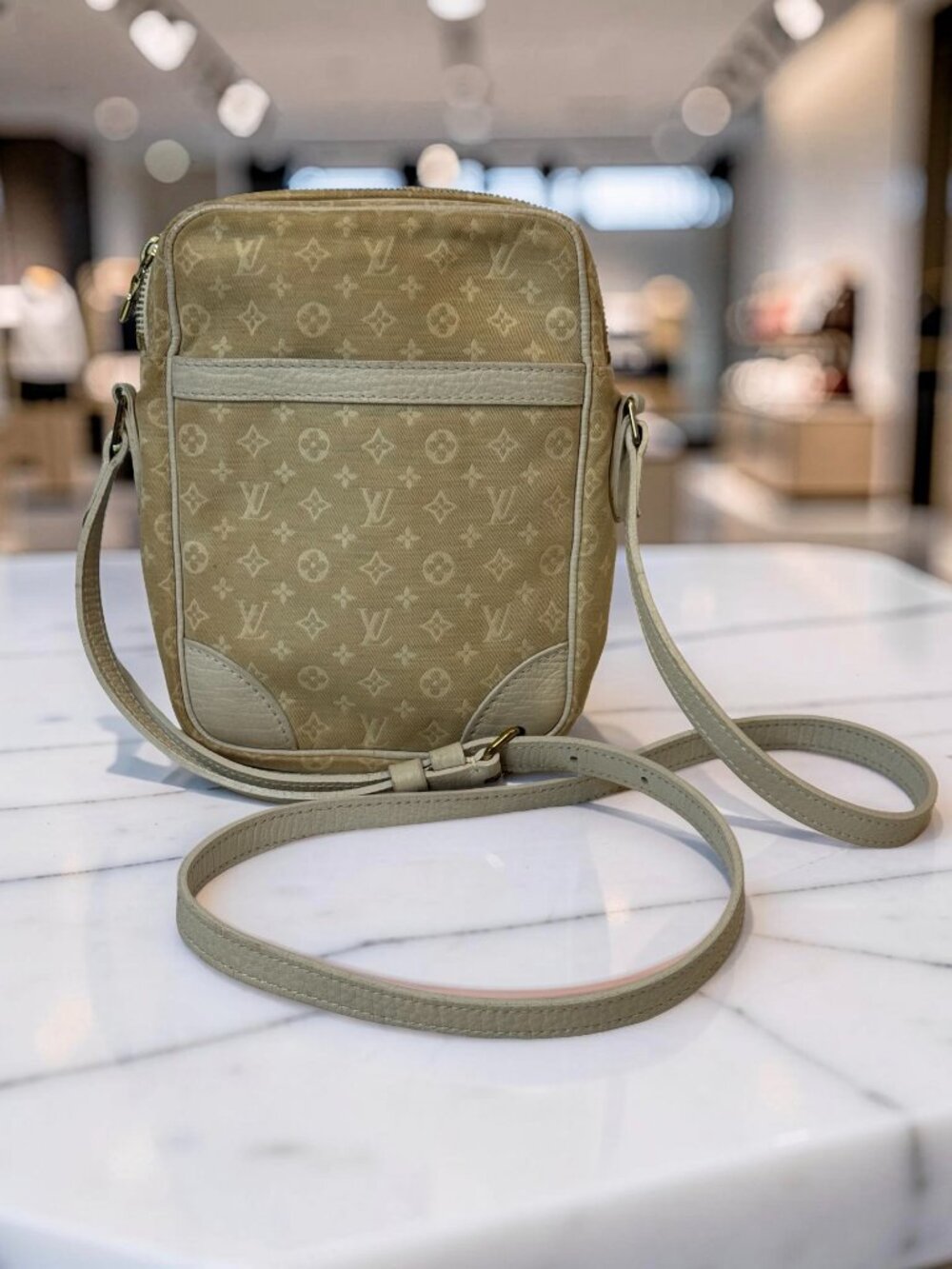 Louis Vuitton Danube Dune Monogram Mini Lin Crossbody Bag Beige Gold Hardware